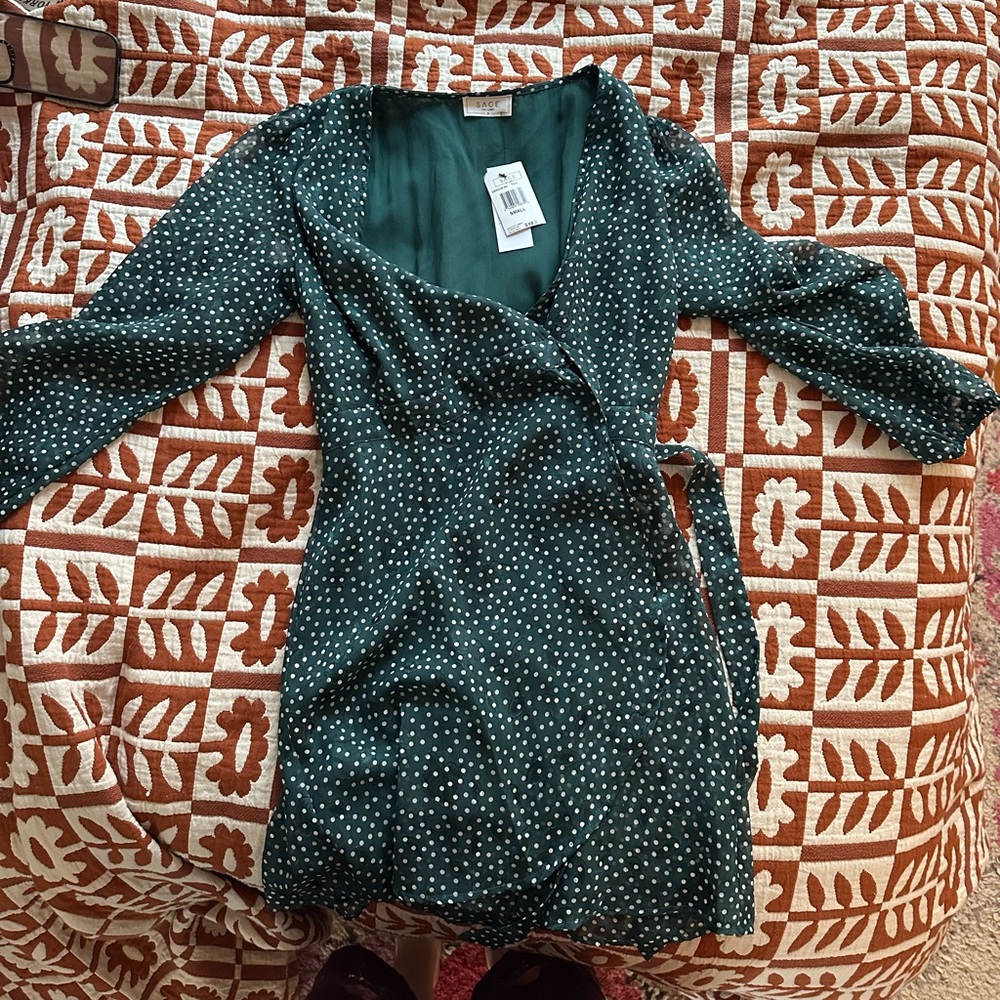 NWT Sage the Label green & white polka dot wrap dress w/ floral embroidery